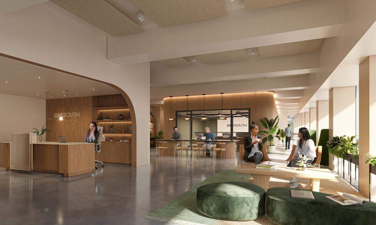 A rendering shows what the upgraded third floor will look like at One South, a 40-story office tower at the Trade and Tryon square. Part of uptown’s comeback from the pandemic includes upgrading older office buildings. This one was built in 1974.