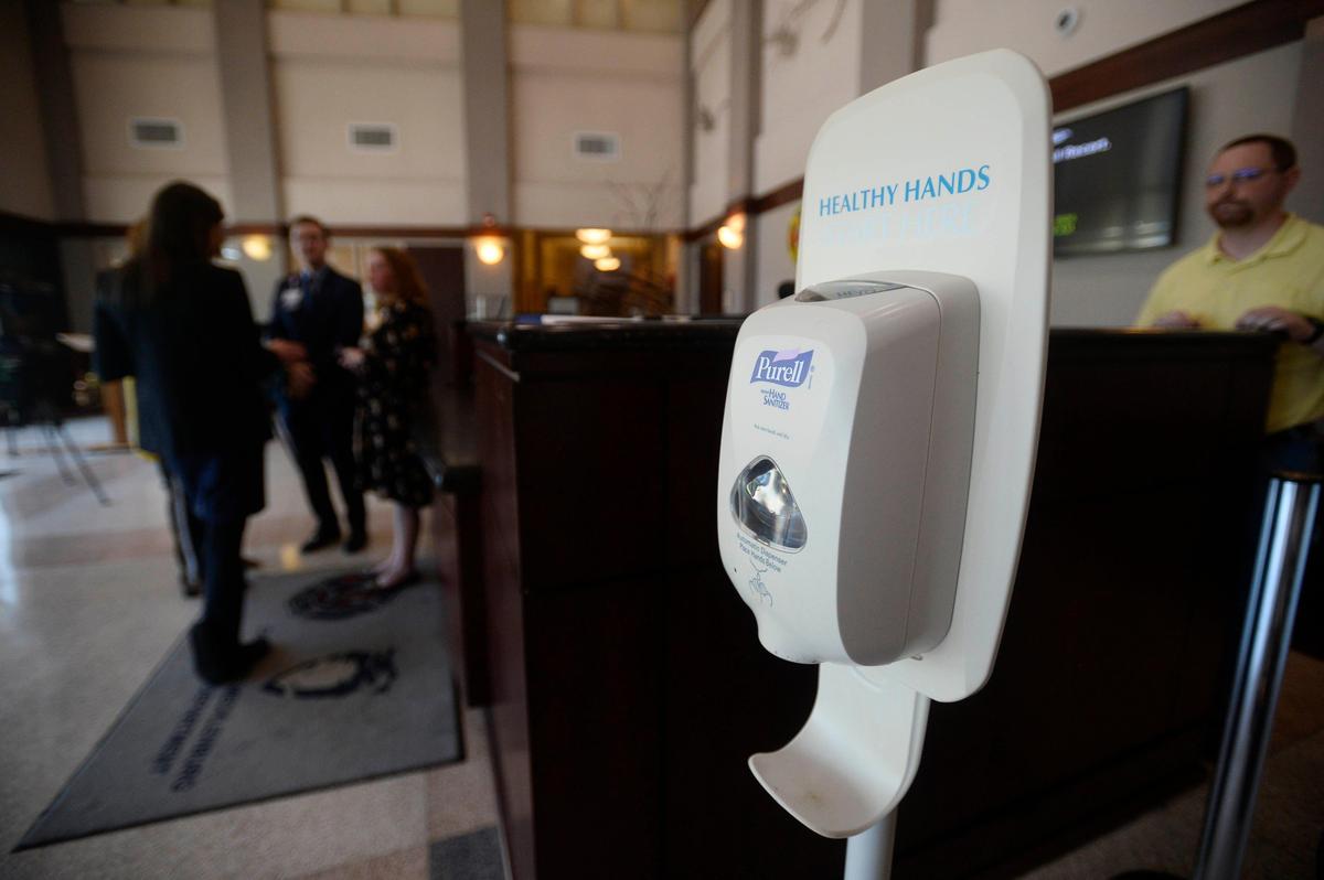 A hand sanitizing station is placed near the entrance at the Charlotte Police and Fire Training Academy on Thursday, March 12, 2020. Mecklenburg County announced two presumptive positive Coronavirus cases tested in Mecklenburg County.