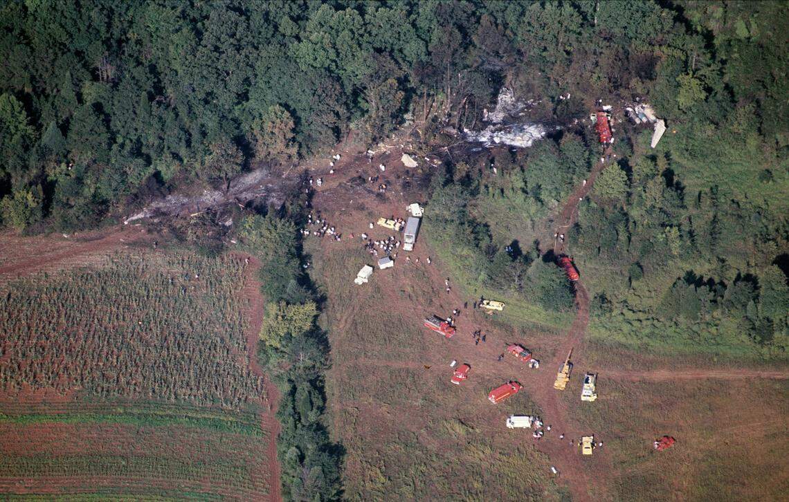 An aerial photo of the crash path of Eastern Flight 212, which crash-landed and plowed through a cornfield and a patch of woods on Sept. 11, 1974.