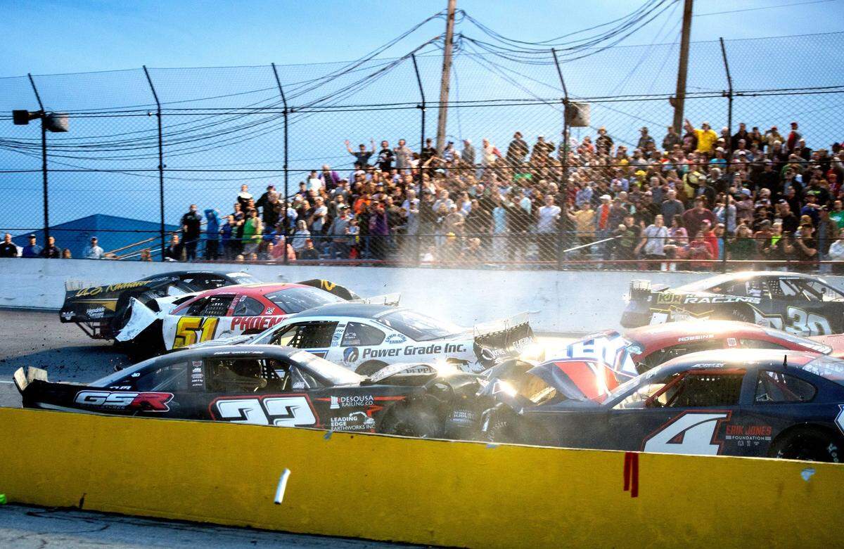 A huge pile-up of cars near the end of the 56th Annual Snowball Derby at Five Flags Speedway Sunday, December 3, 2023.