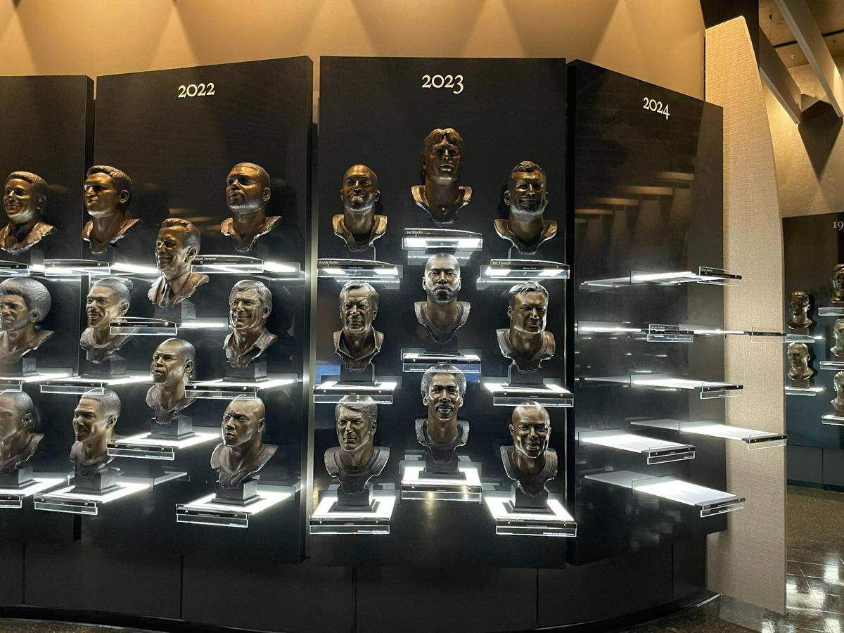The busts of the Pro Football Hall of Fame Class of 2024 (naturally) hadn’t been moved to their rightful place as of Saturday, Aug. 2, 2024. Julius Peppers will soon be in the room where the Hall of Famers talk.