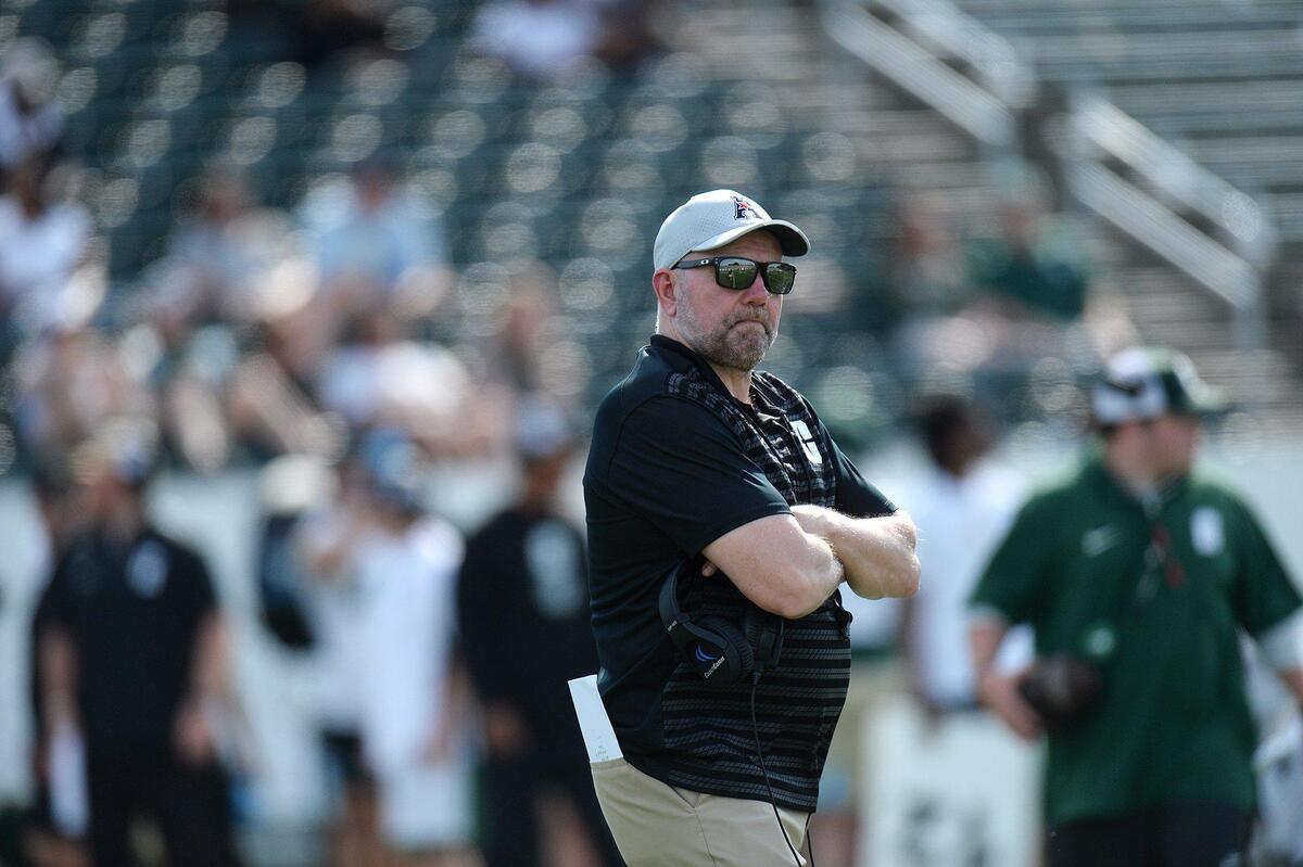 Tim Albin, Charlotte 49ers head football coach, leads the players during a spring practice at Richardson Stadium.