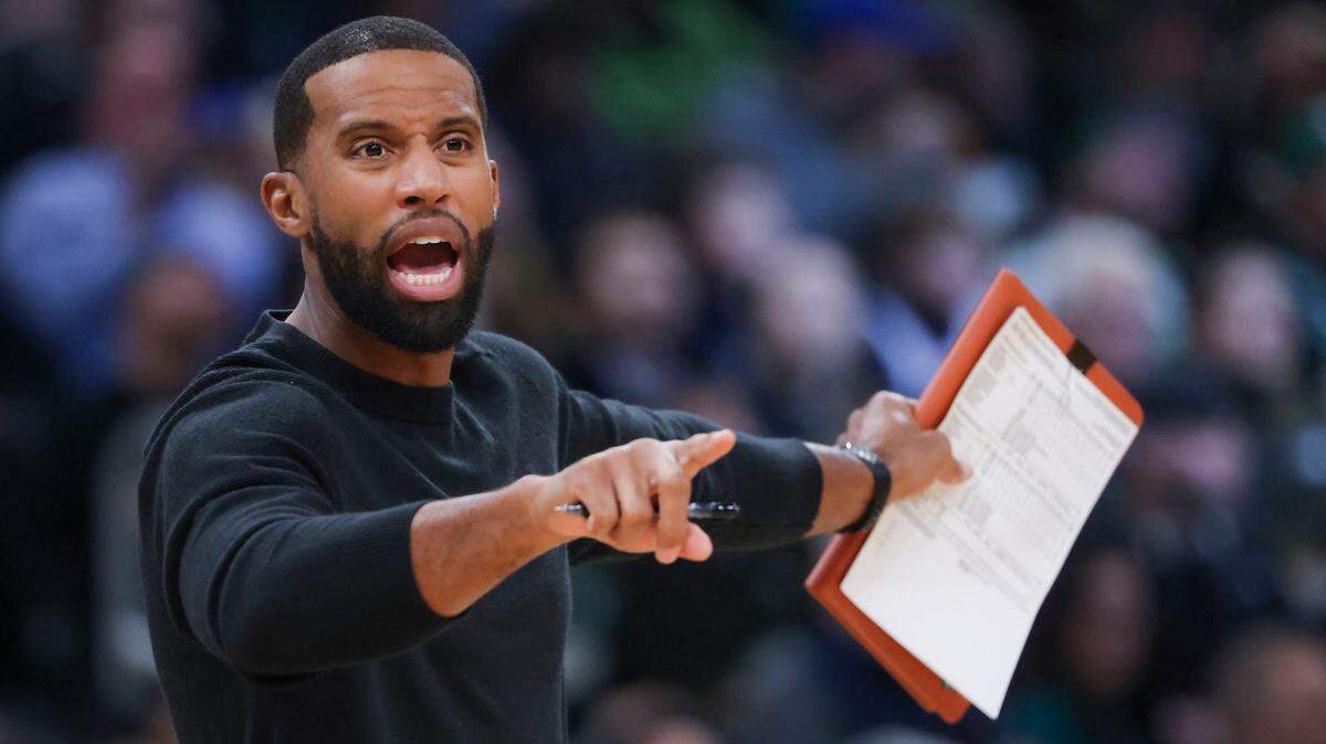 Boston Celtics assistant coach Charles Lee against the New York Knicks during second quarter NBA action at TD Garden.