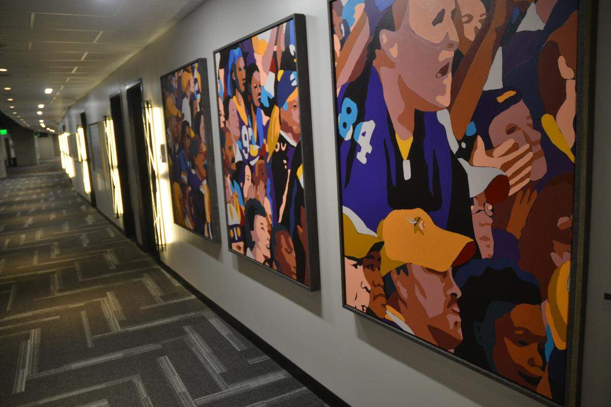 U.S. Bank Stadium is decorated with art celebrating the history of Minnesota Vikings.