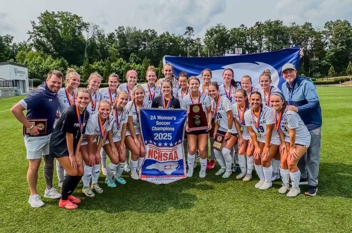 Pine Lake Prep girls soccer pose for a photo after capturing the state title at the NCHSAA 2A state championship game at the Sportsplex in Matthews, NC on May 31st, 2025