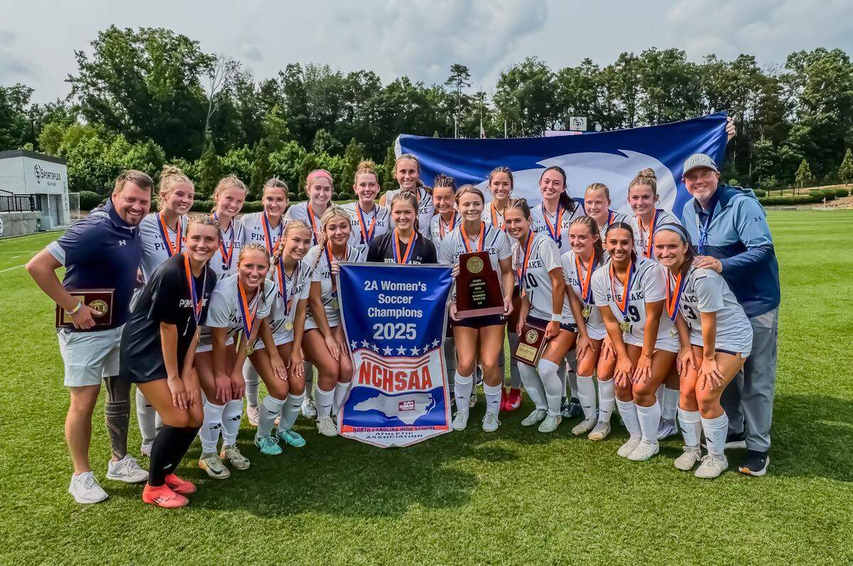 Pine Lake Prep girls soccer pose for a photo after capturing the state title at the NCHSAA 2A state championship game at the Sportsplex in Matthews, NC on May 31st, 2025