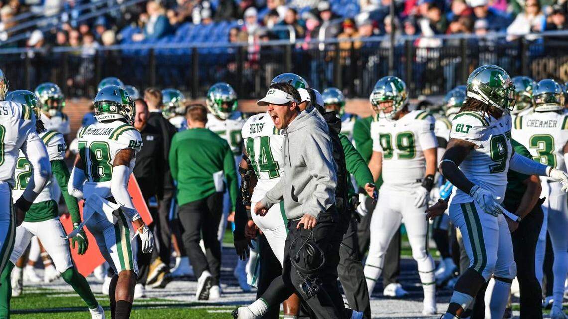 Charlotte 49ers head coach Will Healy yells from the sideline during the team’s game against ODU on Saturday, Nov. 27, 2021.