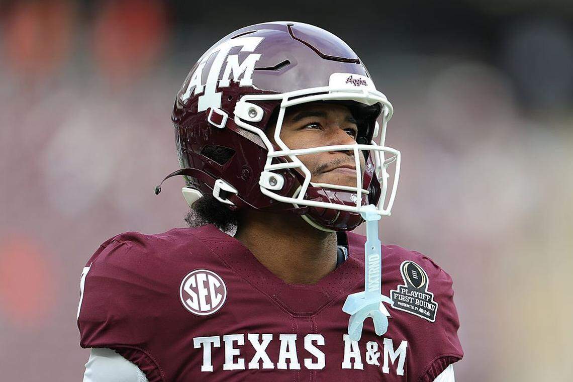 Texas A&M wide receiver KC Concepcion warms up prior to the 2025 College Football Playoff first-round game against the Miami Hurricanes