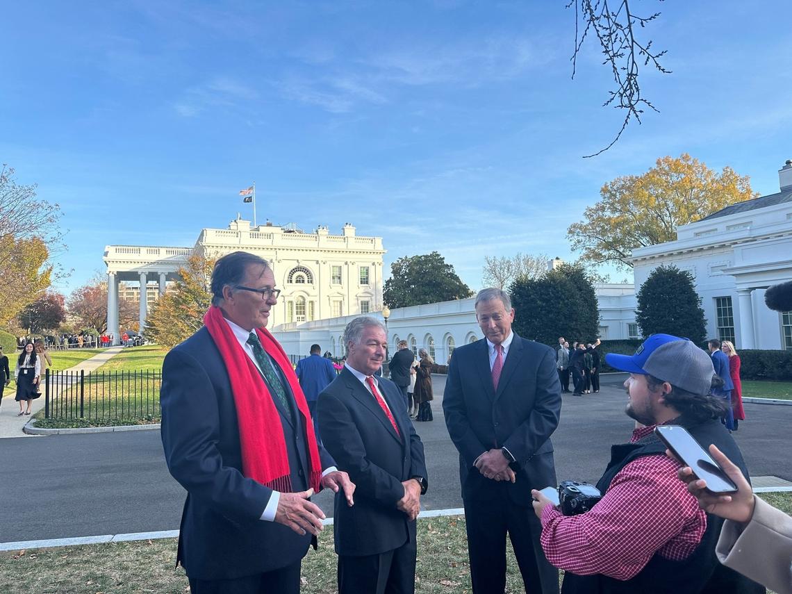 Sam, David and Jim Cartner, of Cartner’s Christmas Tree Farm, in Newland, speak with Christian Gardner, a reporter with The Avery Journal Times, outside the White House after donating a Christmas tree to be used in the Blue Room during the White House holiday parties throughout 2024.