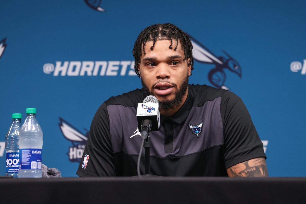 Hornets forward Miles Bridges answers media questions regarding his return to the Hornets after signing his qualifying offer at Spectrum Center on Tuesday, July 18, 2023.