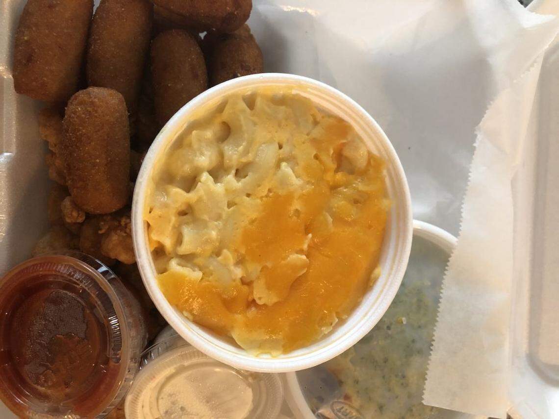 Chicken Box Cafe’s mac and cheese has a crust of baked cheese on top.