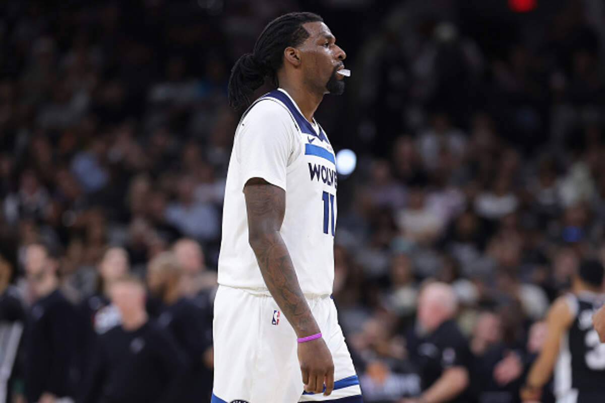 Naz Reid, then of the Minnesota Timberwolves, reacts during the fourth quarter against the San Antonio Spurs in Game 5 of the second round of the NBA Western Conference Playoffs at Frost Bank Center on May 12, 2026, in San Antonio, Texas.