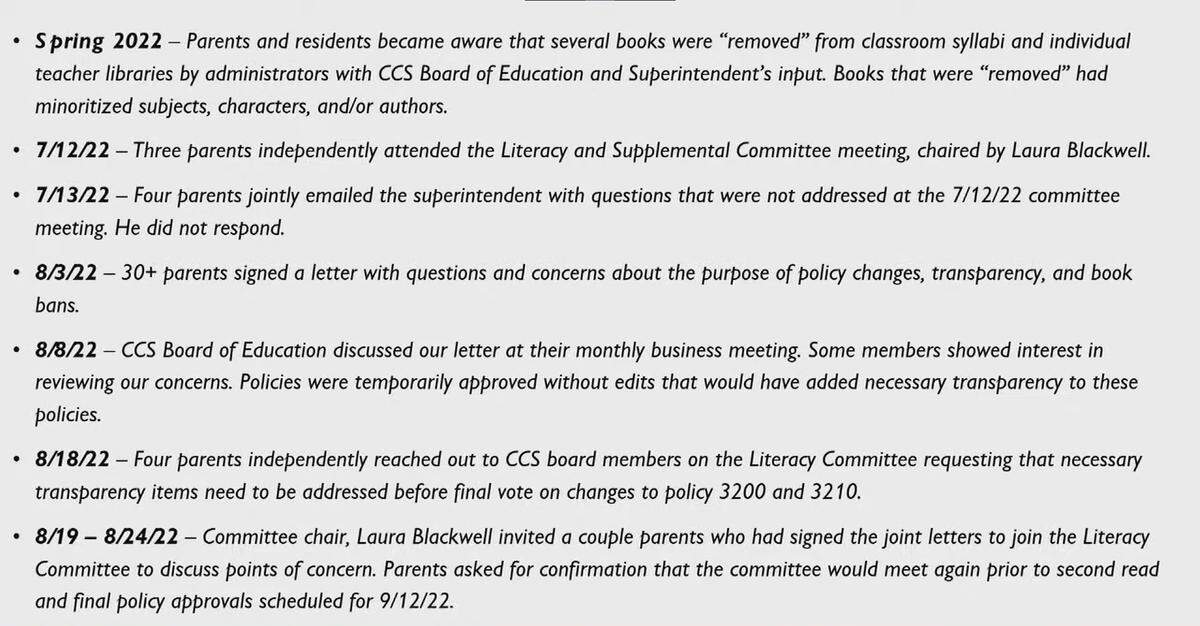 The Cabarrus County Schools board displayed excerpts of an email sent by dozens of parents concerned about the potential book removal policies.