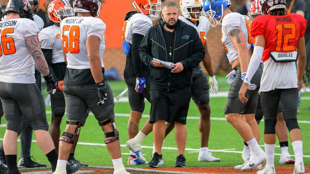American Team head coach Matt Rhule (Carolina Panthers) talks to players during the American Team practice for the NCAA Senior Bowl college football game in Mobile, Ala. Wednesday, Jan. 27, 2021. (AP Photo/Matthew Hinton)