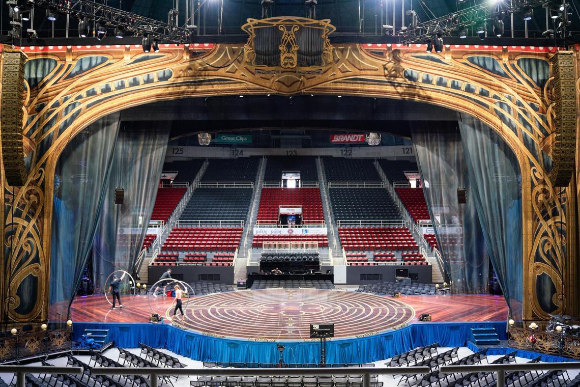 The stage for the Cirque Du Soleil’s CORTEO show at the Bojangles Coliseum. This show is unique as the audience members from each side will face each other, almost like a mirror effect.