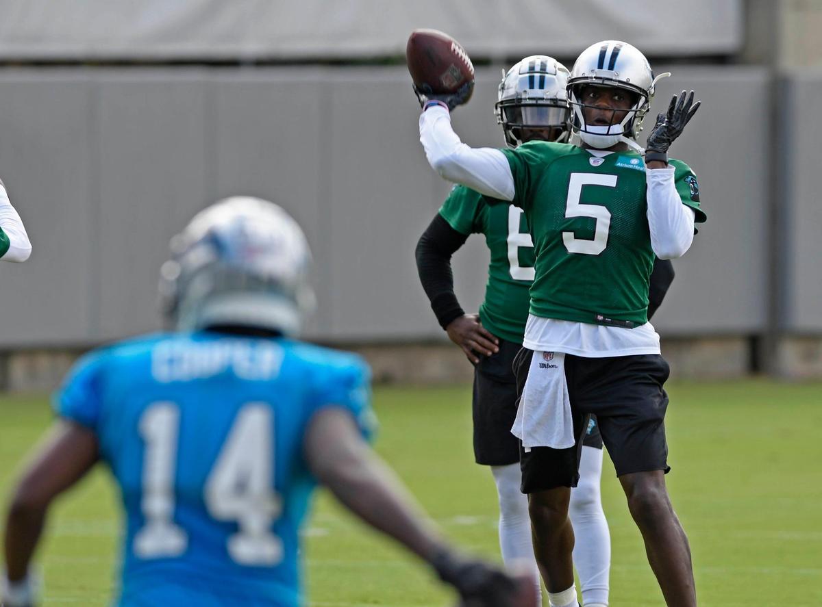 Carolina Panthers quarterback Teddy Bridgewater (5) passes downfield during Carolina Panthers Training Camp at the team’s training facility on Sunday, August 16, 2020.