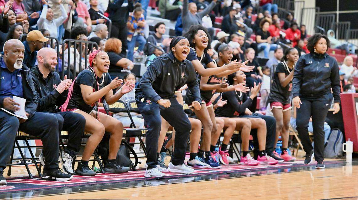 Mallard Creek’s bench gets pumped up during Friday’s game against Independence at the Charlotte Hoops Challenge
