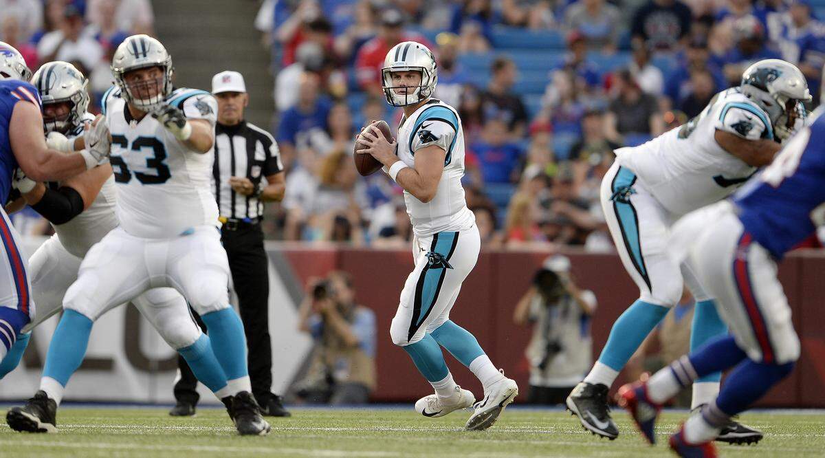 Carolina Panthers quarterback Garrett Gilbert has the size and arm NFL teams like, but sometimes throws the ball into trouble.