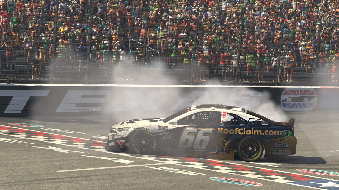 Timmy Hill does a burnout at virtual Texas Motor Speedway after taking home the victory Sunday.