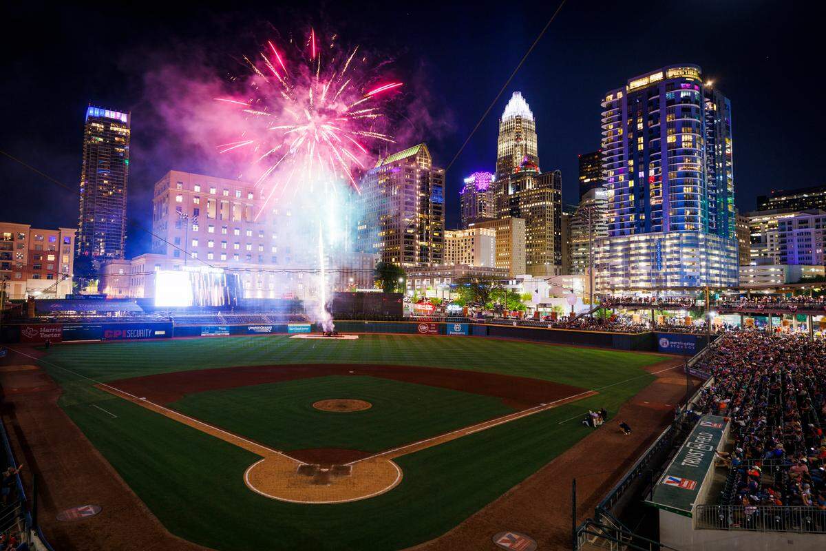 Fireworks illuminate uptown and Truist Field after a Charlotte Knights game in Charlotte, N.C., Friday, April 15, 2022.