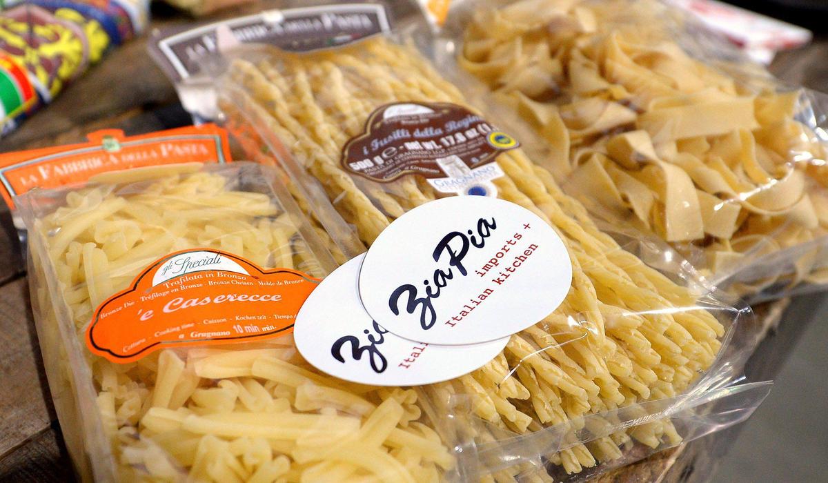 Packages of pasta are displayed at Zia Pia Imports + Italian Kitchen at the warehouse on Monroe Road.