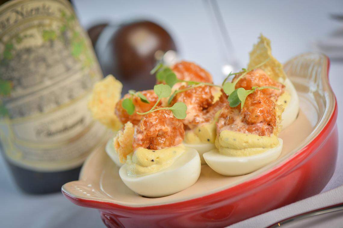 Steak 48’s Crispy Shrimp Deviled Eggs.