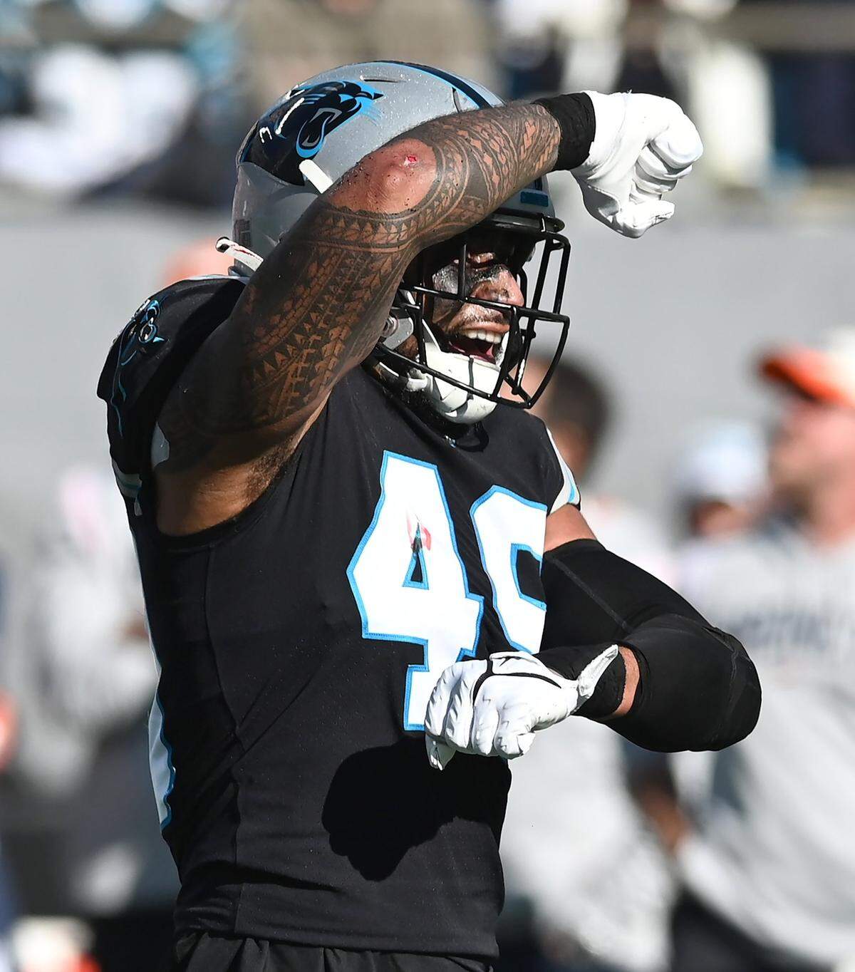 Carolina Panthers linebacker Frankie Luvu celebrates a stop against the Denver Broncos during first half action on Sunday, November 27, 2022 at Bank of America Stadium in Charlotte, NC.
