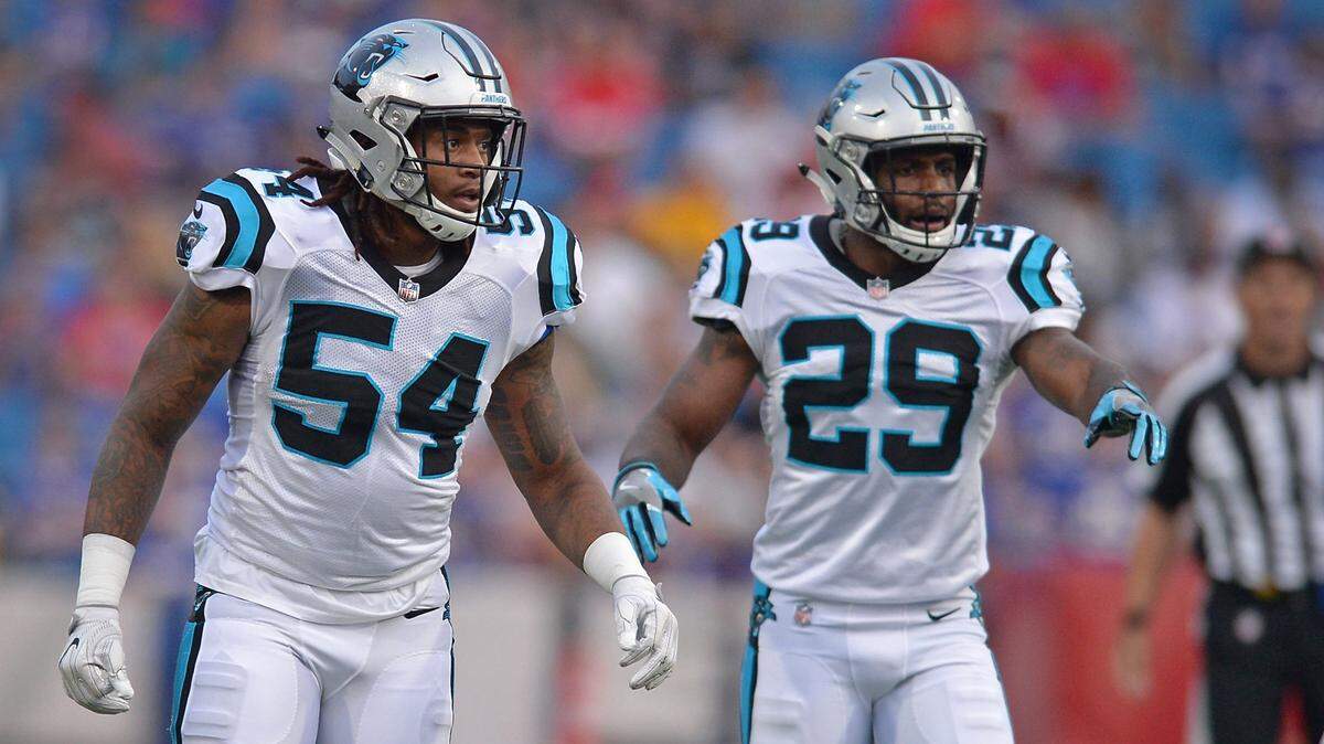 Is Carolina Panthers linebacker Shaq Thompson, left, ready for a big year alongside safety Mike Adams, right, and the rest of the defense? “He’s been ready for a long time,” Luke Kuechly says.