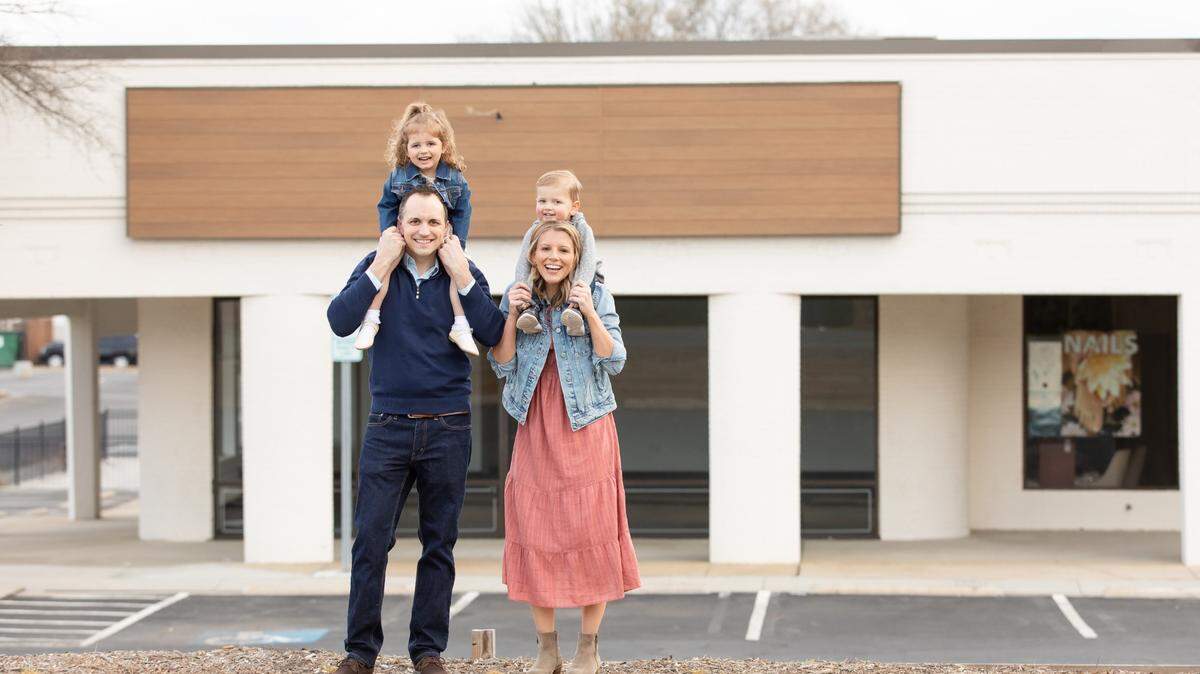 Patrick and Stacy McFall, shown here with their children, will open Madison Perk coffee shop at Madison Corners in Charlotte.