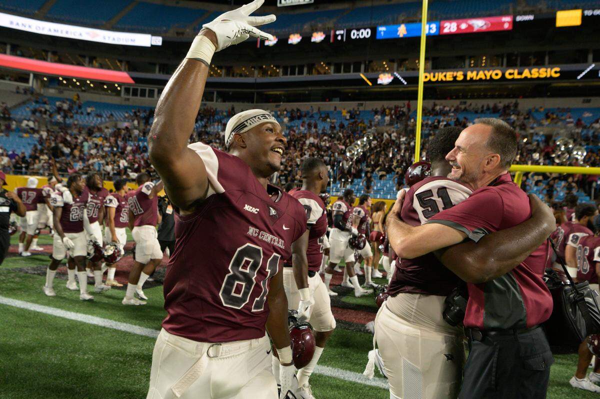 N.C. Central receiver Tyler Barnes (81) celebrates after the Eagles upset the N.C. A&T Aggies in the Duke’s Mayo Classic at Bank of American Stadium in Charlotte, NC, on Saturday, Sept. 3, 2022.