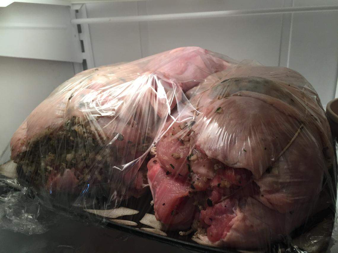 The deboned turkey roast can be prepared ahead of time and refrigerated for cooking on Thanksgiving.