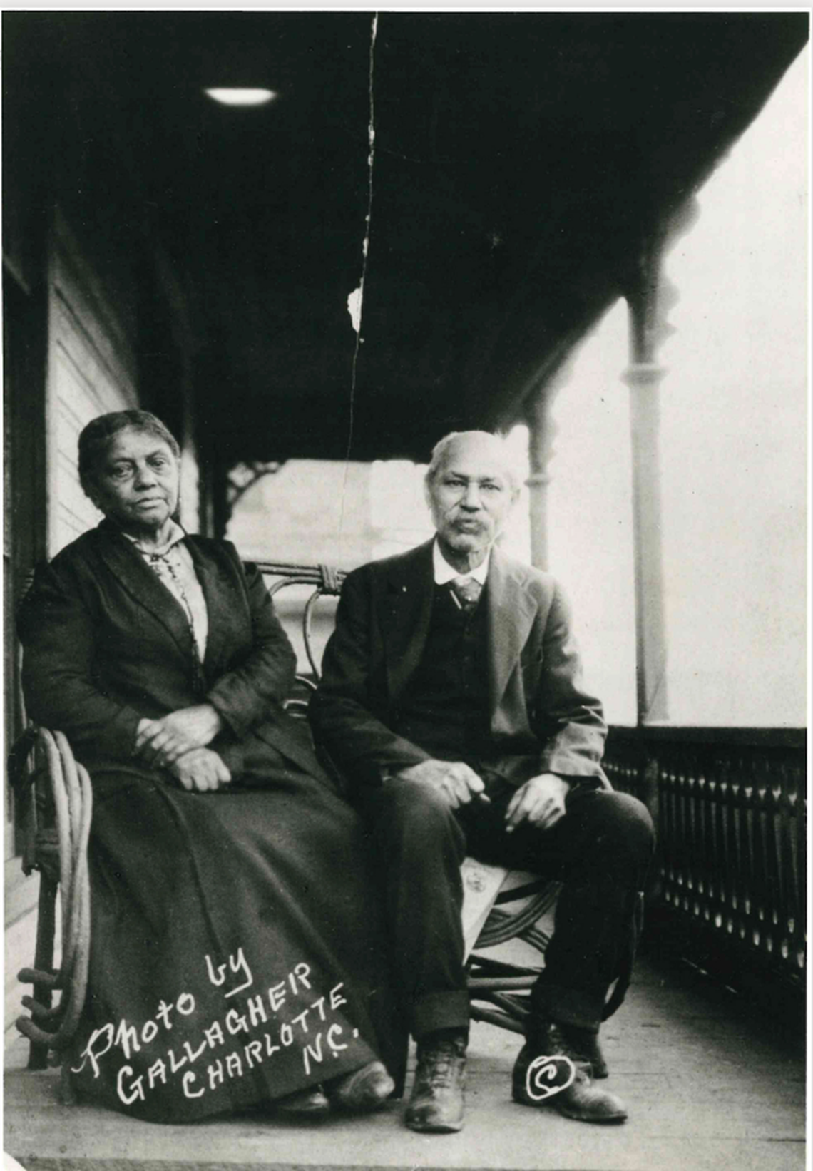 Romare Bearden’s great-grandparents, Rosa Gosprey Kennedy and Henry Kennedy on their front porch in Charlotte, circa 1920. Bearden dearly loved the couple, and returned time and again to the view from that porch in his work.