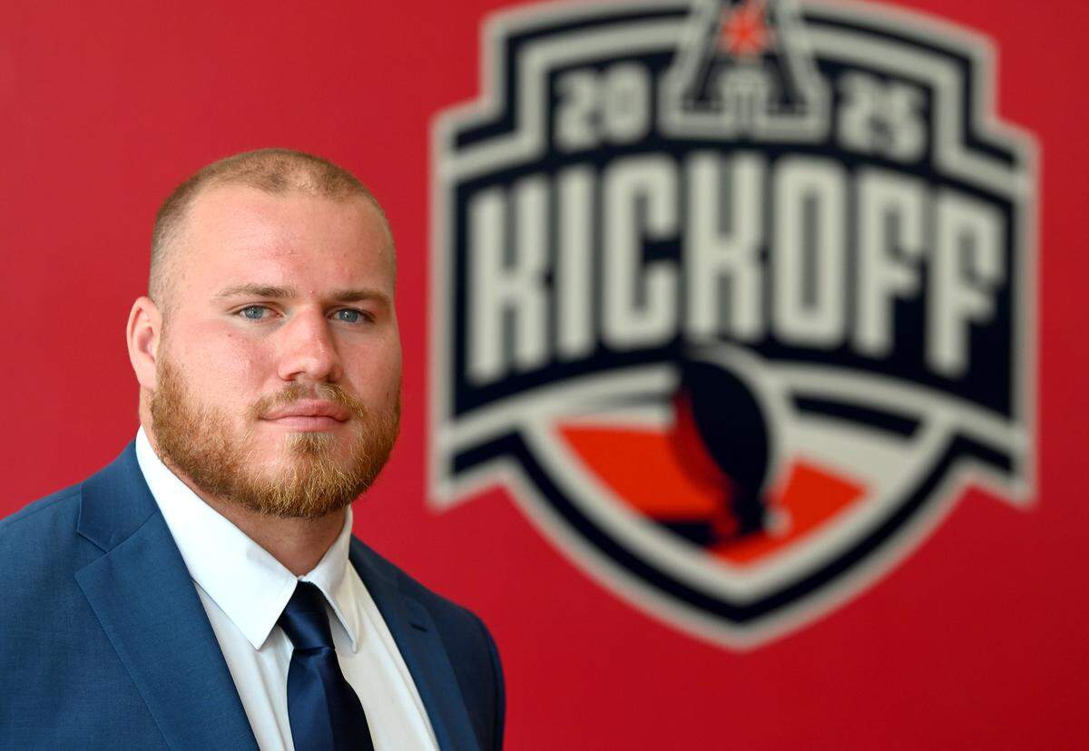 Charlotte 49ers offensive lineman Jonny King during media day for the American Conference on Friday, July 25, 2025 at the Charlotte Convention Center in Charlotte, NC.