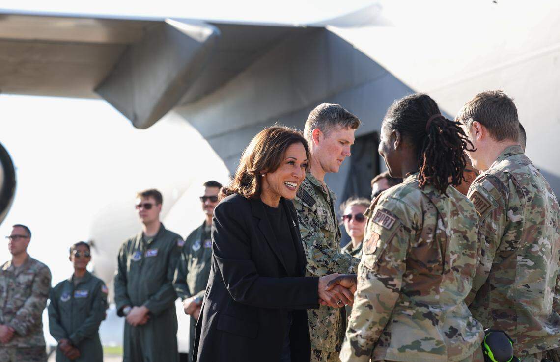 Vice President Kamala Harris greets first responders while visting North Carolina to receive an update about the continued recovery efforts that are occurring in communities across the state after Hurricane Helene in Charlotte, NC on Saturday, Oct. 5, 2024.