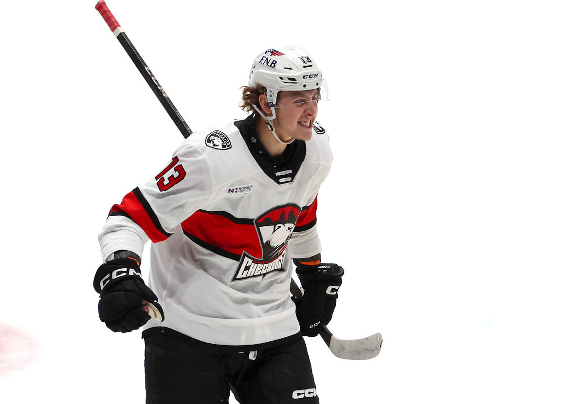 Charlotte Checkers Kai Schwindt celebrates his goal during first period action against the Iowa Wild on Friday, October 17, 2025 at Bojangles Coliseum in Charlotte, NC.