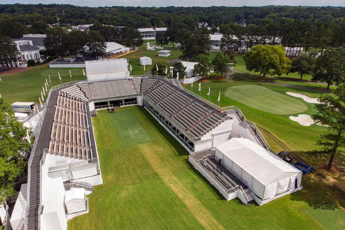 Newly built seating around the first tee Quail Hollow Club in Charlotte, N.C., Friday, Sept. 9, 2022. Quail Hollow is preparing to host the Presidents Cup being on Sept. 20.
