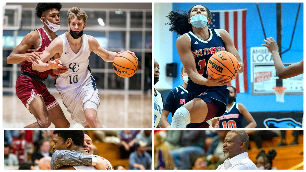 The NC Super Teams players of the year Cade Tyson of Carmel Christian (top left), Apex Friendship’s Indya Nivar (top right), Weddington coach Gary Ellington (hugging senior Chase Lowe) and Chambers coach Donnell Rhyne