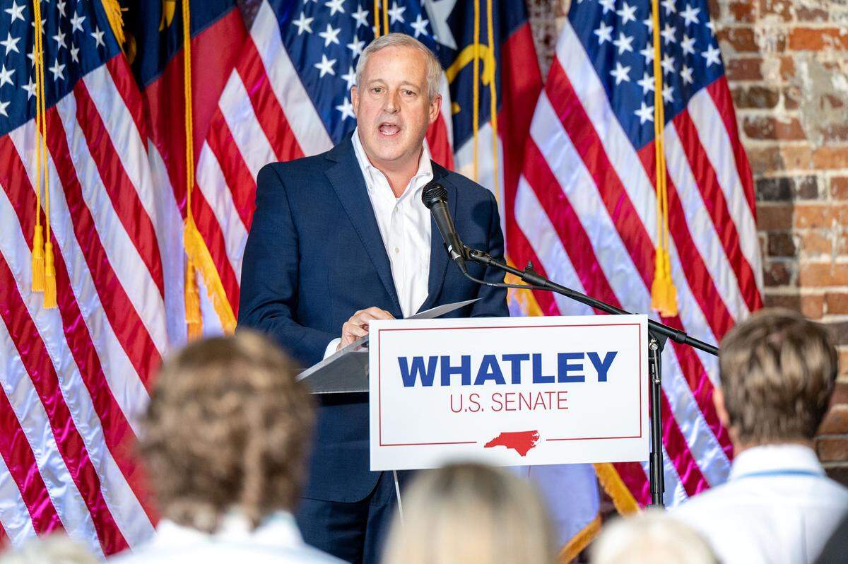 Michael Whatley, then the Republican National Committee leader, announces his candidacy to run for U.S. senator at Loray Mill-The Taproom in Gastonia on July 31.