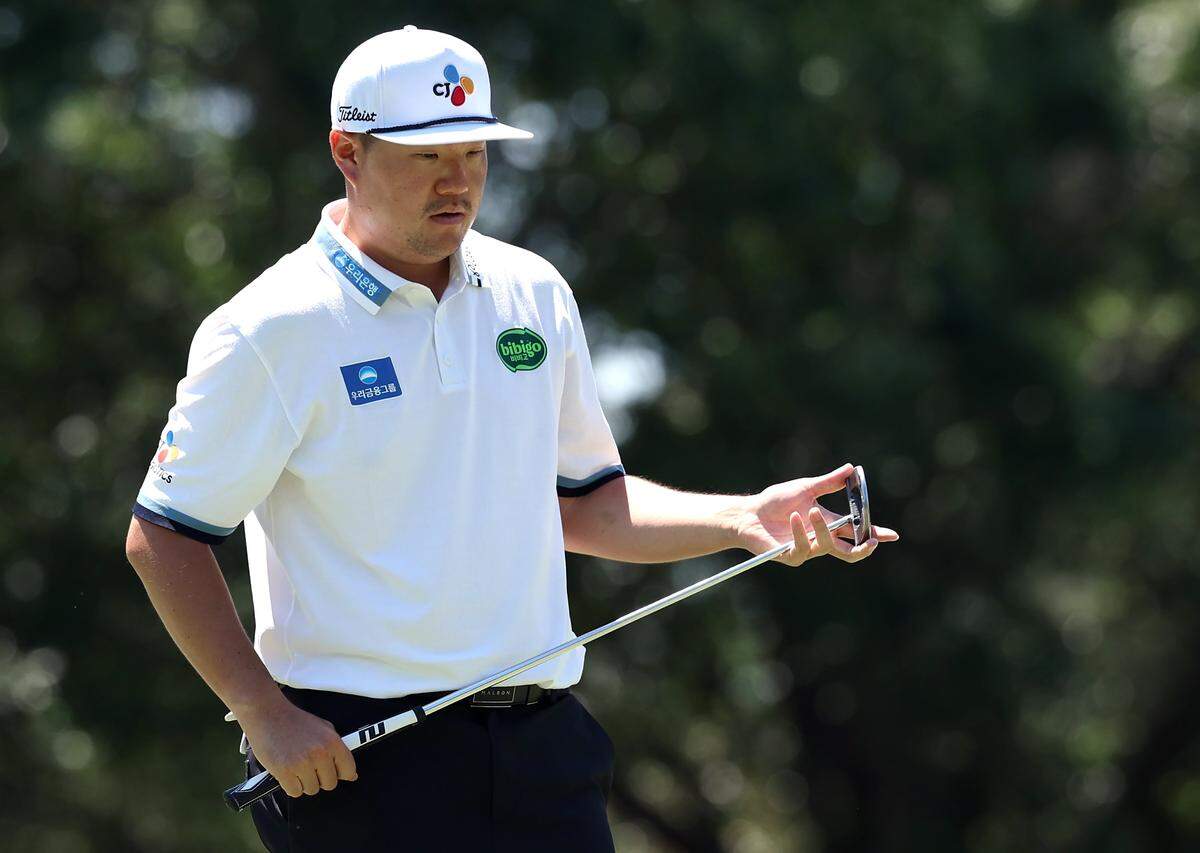 Sungjae Im studies his line to the cup on the fifth green during the final round of the Truist Championship at Quail Hollow Club in Charlotte, NC on Sunday, May 10, 2026.