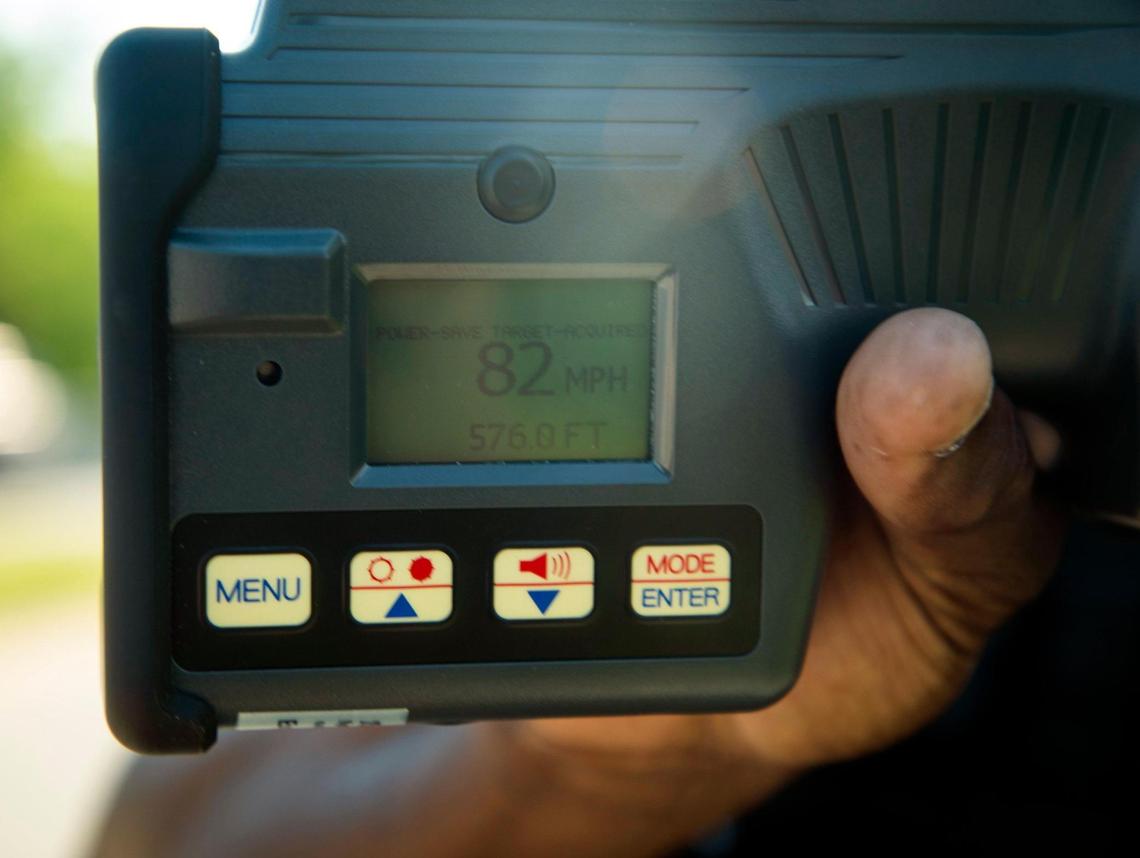 A LiDAR speed enforcement tool registers a car’s speed on Apr. 21, 2021, in Durham, N.C.: 82 mph in a 60 mph zone.