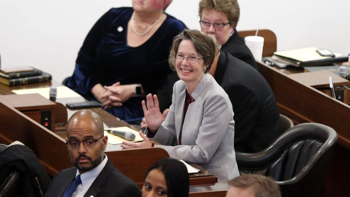 Then-Rep. Rachel Hunt waves as the N.C. General Assembly convenes in Raleigh, N.C., Wednesday, January 9, 2019.