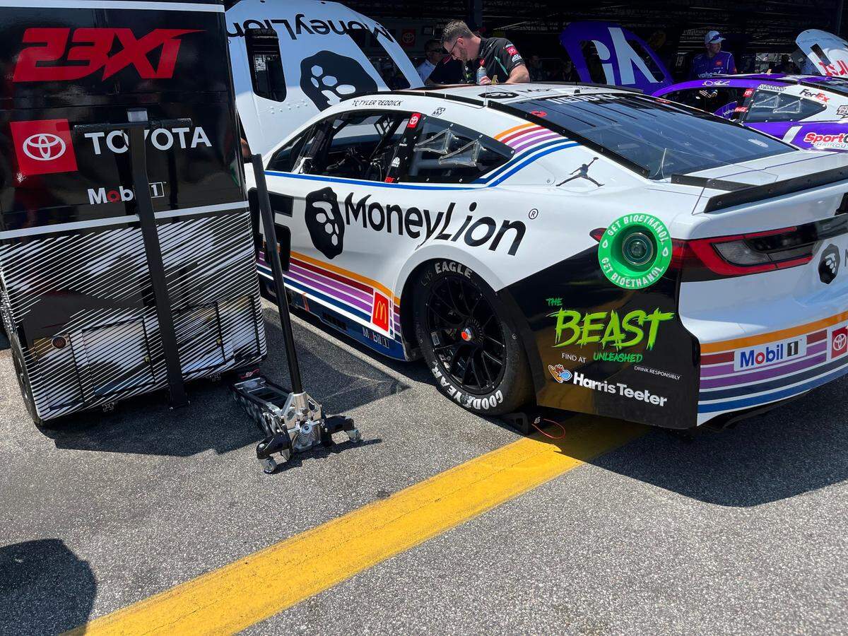 The Tim Richmond-inspired throwback car that pole-sitter Tyler Reddick will drive at Darlington Raceway on May 12, 2024, in the Goodyear 400 in Darlington, S.C., in the NASCAR Cup Series garage.