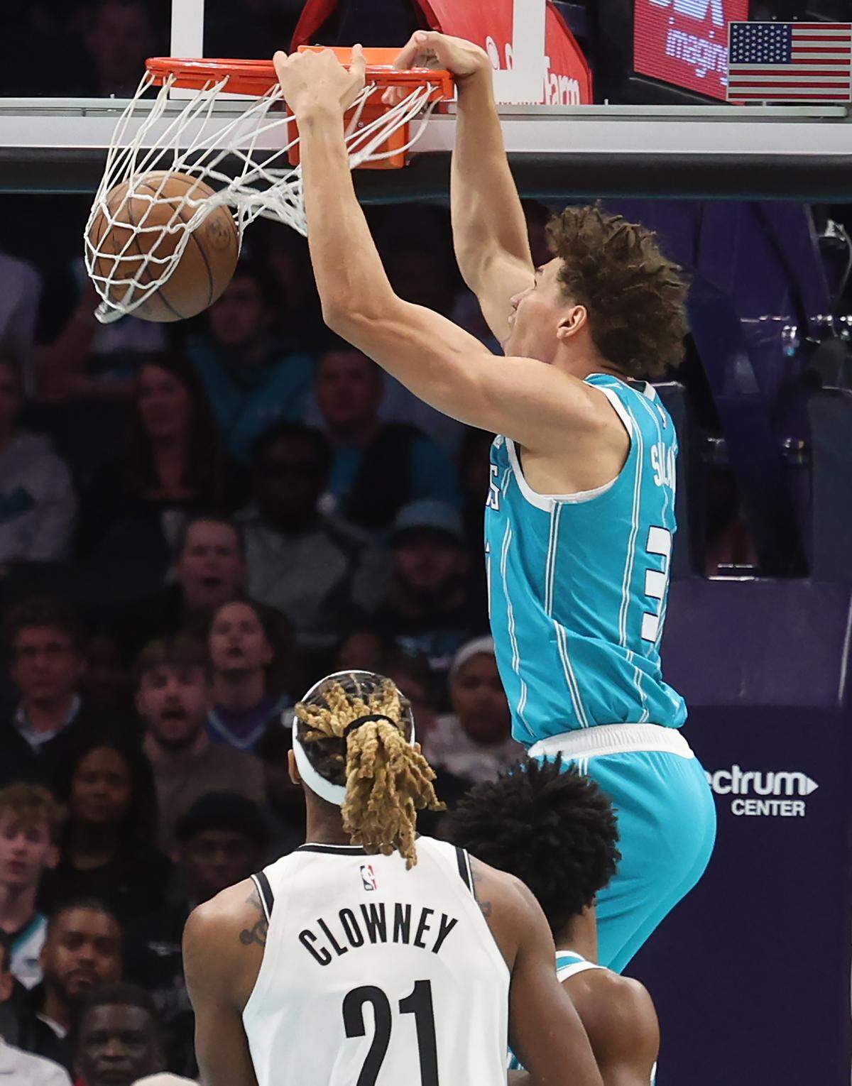 Hornets forward Tidjane Salaün throws down a two-handed dunk against the Brooklyn Nets on Oct. 22, at the Spectrum Center in Charlotte. The Hornets defeated the Nets 136-117.