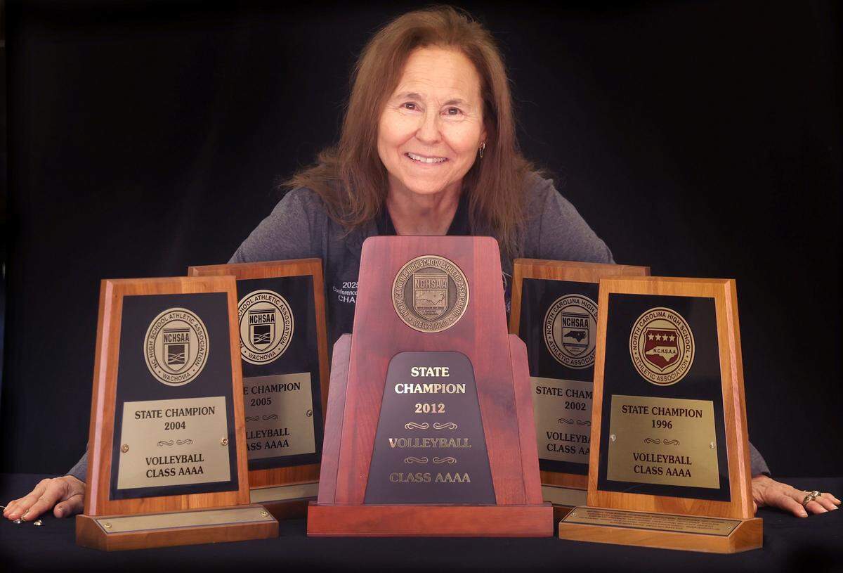 Longtime Providence High and Ardrey Kell High volleyball coach Zoe Bell on Wednesday, Nov. 19, 2025. Bell has won eight regional and five state volleyball championships. Bell now coaches at Ardrey Kell but won four of her five titles at Providence.