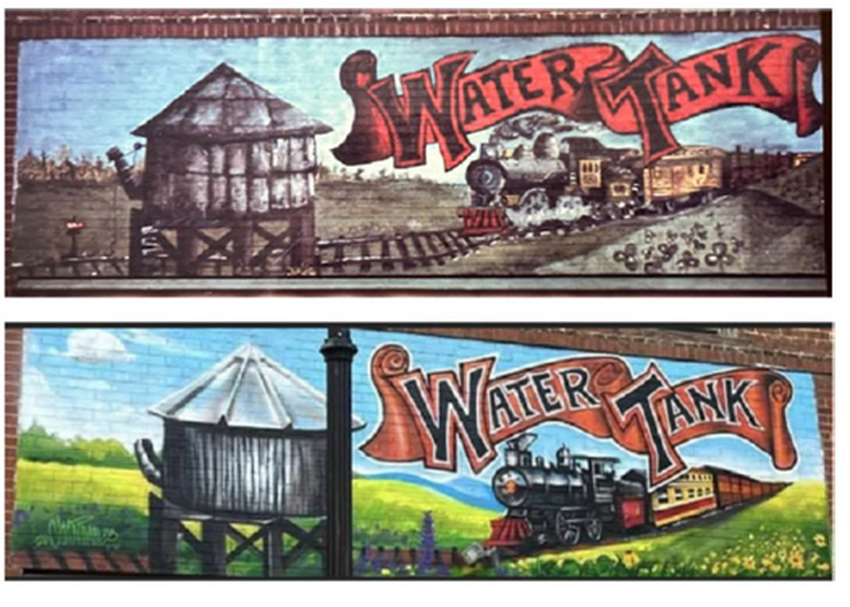 South Carolina artist Todd Atkinson painted the mural “Water Tank” (top) in downtown Clover in 1982. Chan Shepherd later painted over it (lower image), erased Atkinson’s name, and signed his own. A federal judge ordered Shepherd to pay for what the court found to be willful copyright infringement.