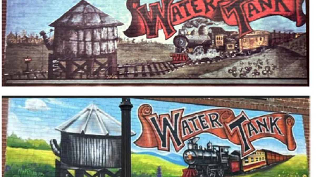 South Carolina artist Todd Atkinson painted the mural “Water Tank” (top) in downtown Clover in 1982. Chan Shepherd later painted over it (lower image), erased Atkinson’s name, and signed his own. A federal judge ordered Shepherd to pay for what the court found to be willful copyright infringement.