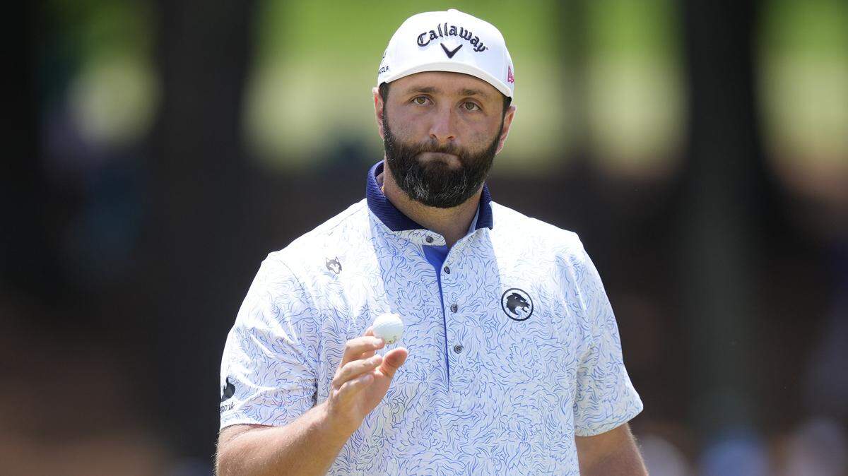 Jon Rahm acknowledges the gallery on the second hole during the third round of the PGA Championship golf tournament at Quail Hollow.
