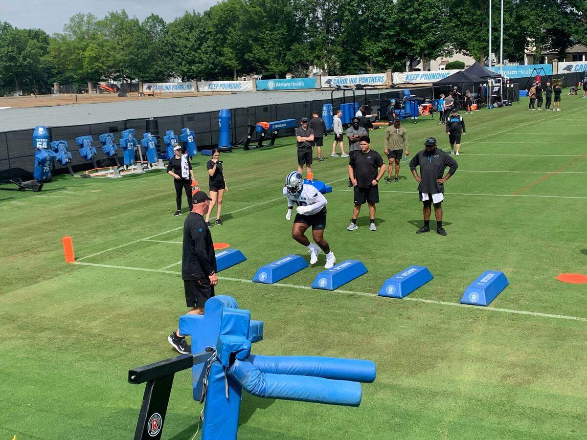 Carolina Panthers rookie defensive lineman Jaden Crumedy takes part in drills at the team’s 2024 rookie minicamp in Charlotte, N.C. on May 10, 2024.