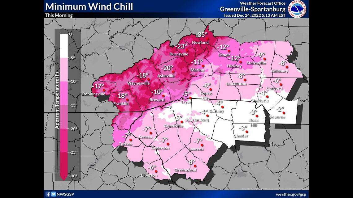 Dangerous cold and wind chills are expected across the western Carolinas on Christmas Eve, according to the National Weather Service.