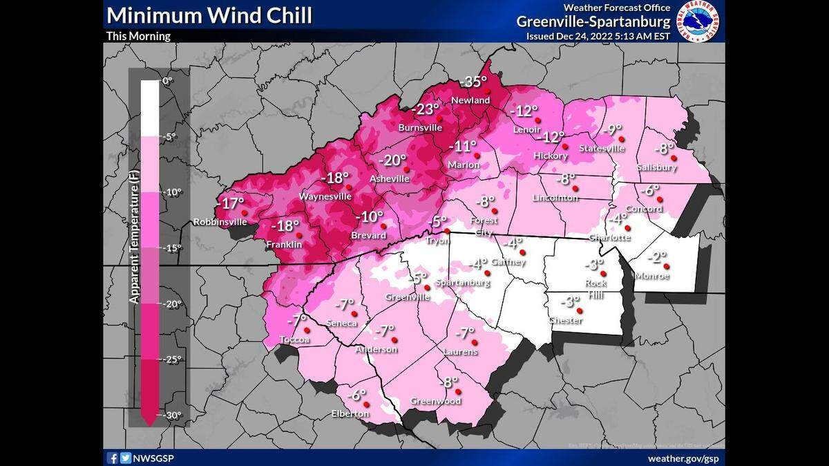 Dangerous cold and wind chills are expected across the western Carolinas on Christmas Eve, according to the National Weather Service.